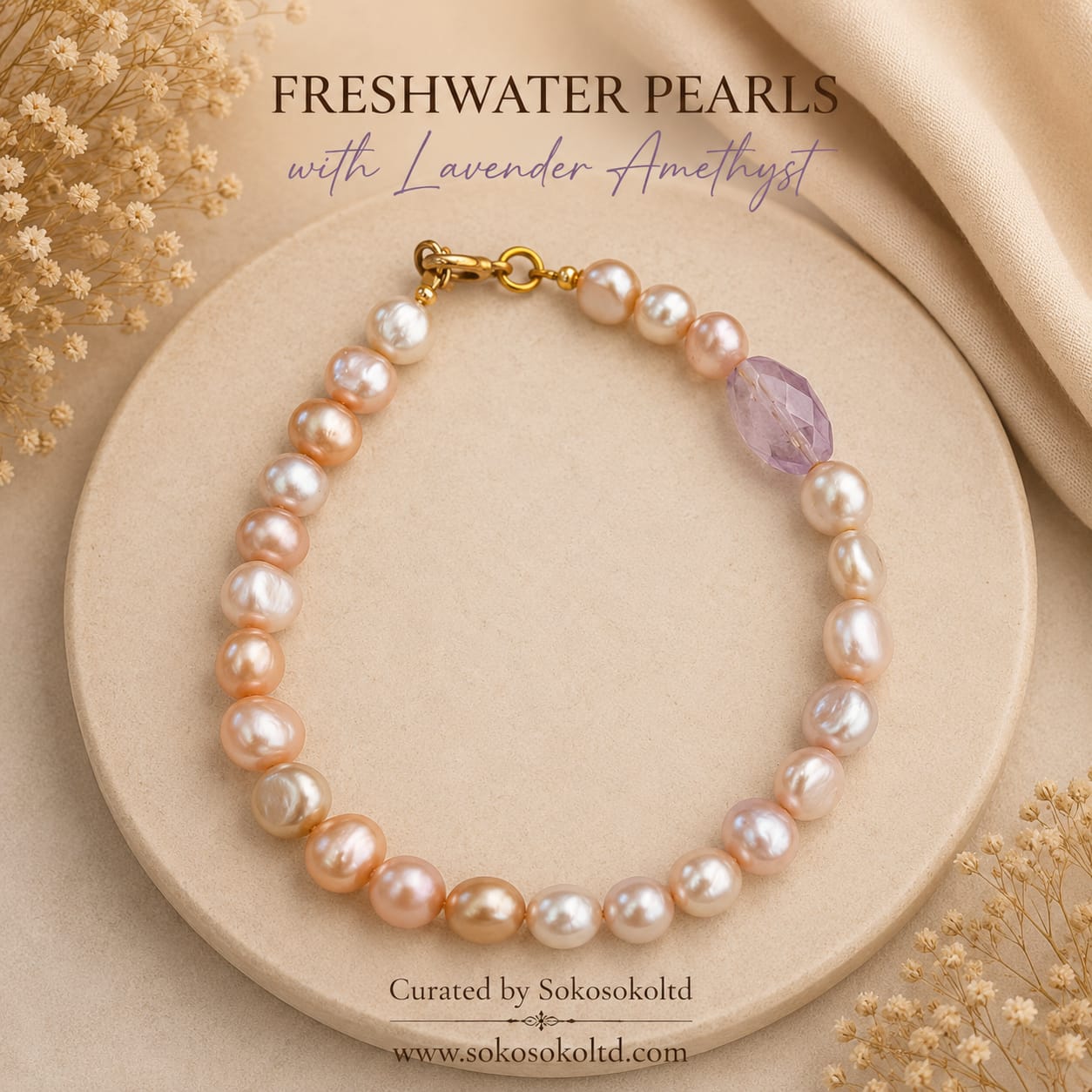 Freshwater Pearls Bracelet with Lavender Amethyst - SokoSokoltd - Mauritius Freshwater Pearls Bracelet with Lavender Amethyst - SokoSokoltd - Mauritius