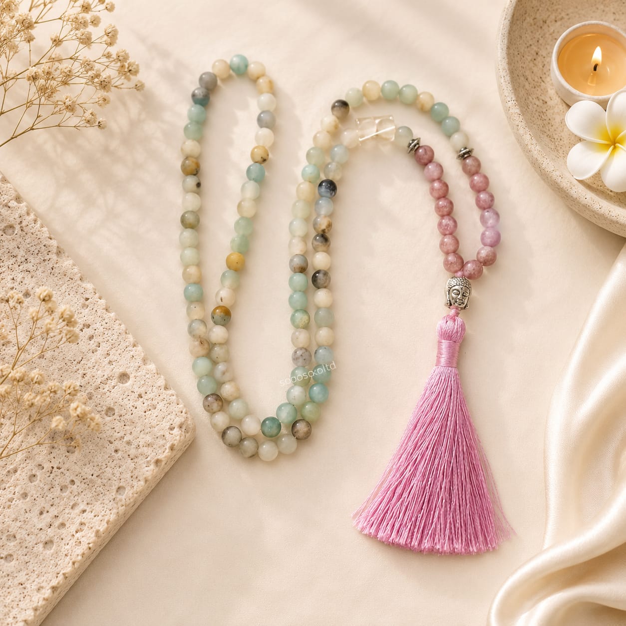 Natural Amazonite and Rhodonite 108 Bead Mala - SokoSokoltd - Mauritius Natural Amazonite and Rhodonite 108 Bead Mala - SokoSokoltd - Mauritius