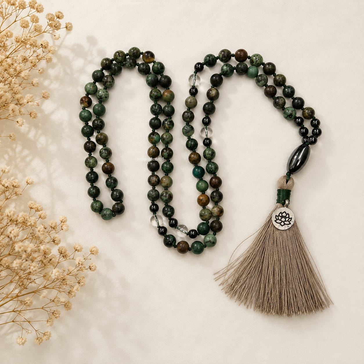 Natural Turquoise Hematite and Clear Quartz 108 Bead Mala - SokoSokoltd - Mauritius Natural Turquoise Hematite and Clear Quartz 108 Bead Mala - SokoSokoltd - Mauritius