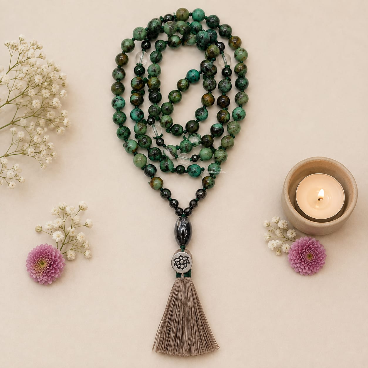 Natural Turquoise Hematite and Clear Quartz 108 Bead Mala - SokoSokoltd - Mauritius Natural Turquoise Hematite and Clear Quartz 108 Bead Mala - SokoSokoltd - Mauritius